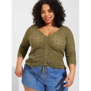 Torrid Open Stitch Pullover V-Neck Cinched Front Sweater Olive Green Size 3